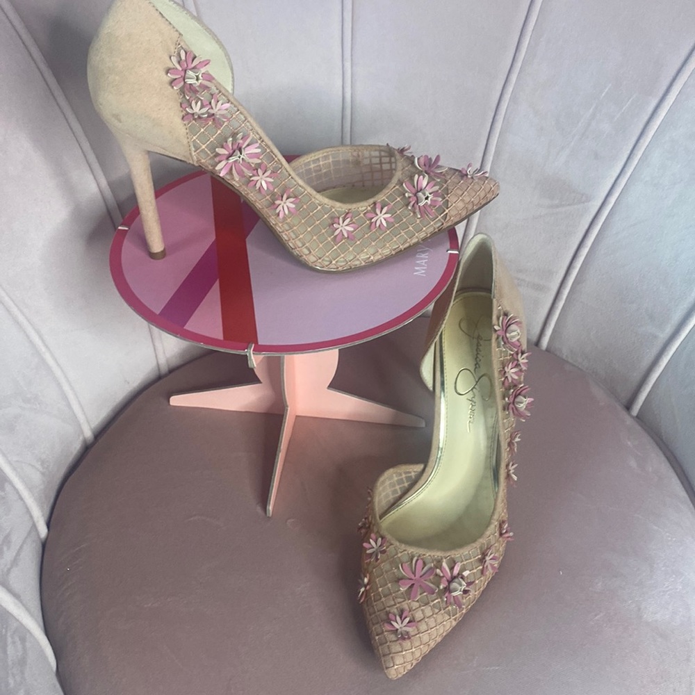 Jessica Simpson rose suede heels with pink tea rose flowers!